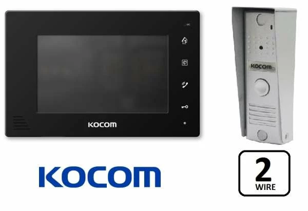 Kocom Intercom 7" Wide Screen + Slimline Door Station, 2 WIRE, Black Frame,KCV-D372
